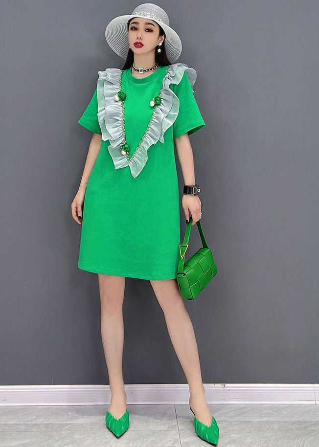 Boutique Green O-neck Patchwork Ruffles Cotton Mid Dress Short Sleeve