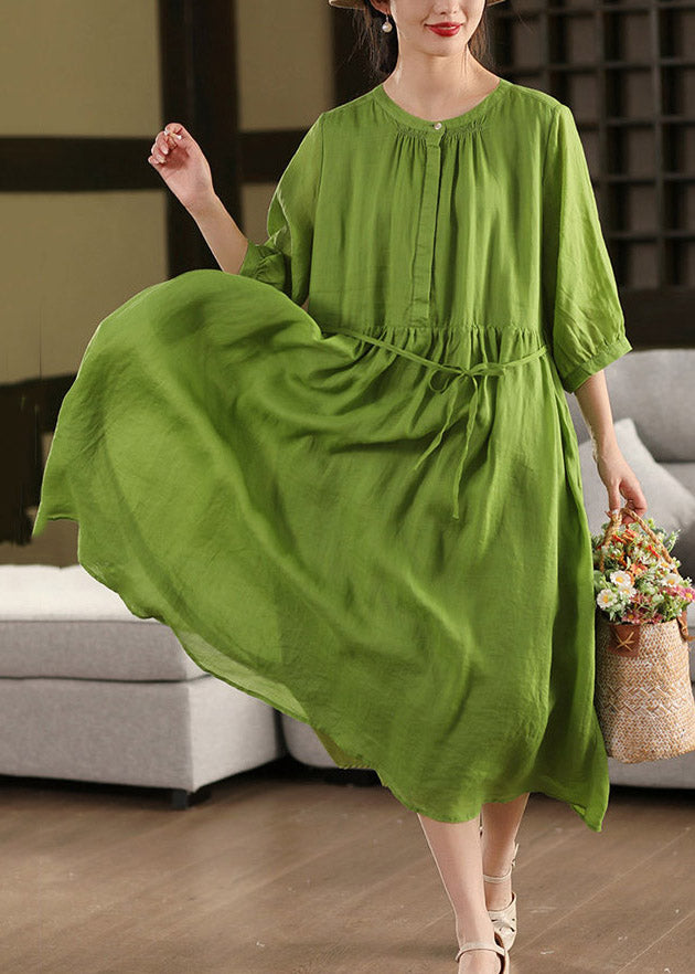 Boutique Green O-neck Patchwork Linen Long Dress Half Sleeve