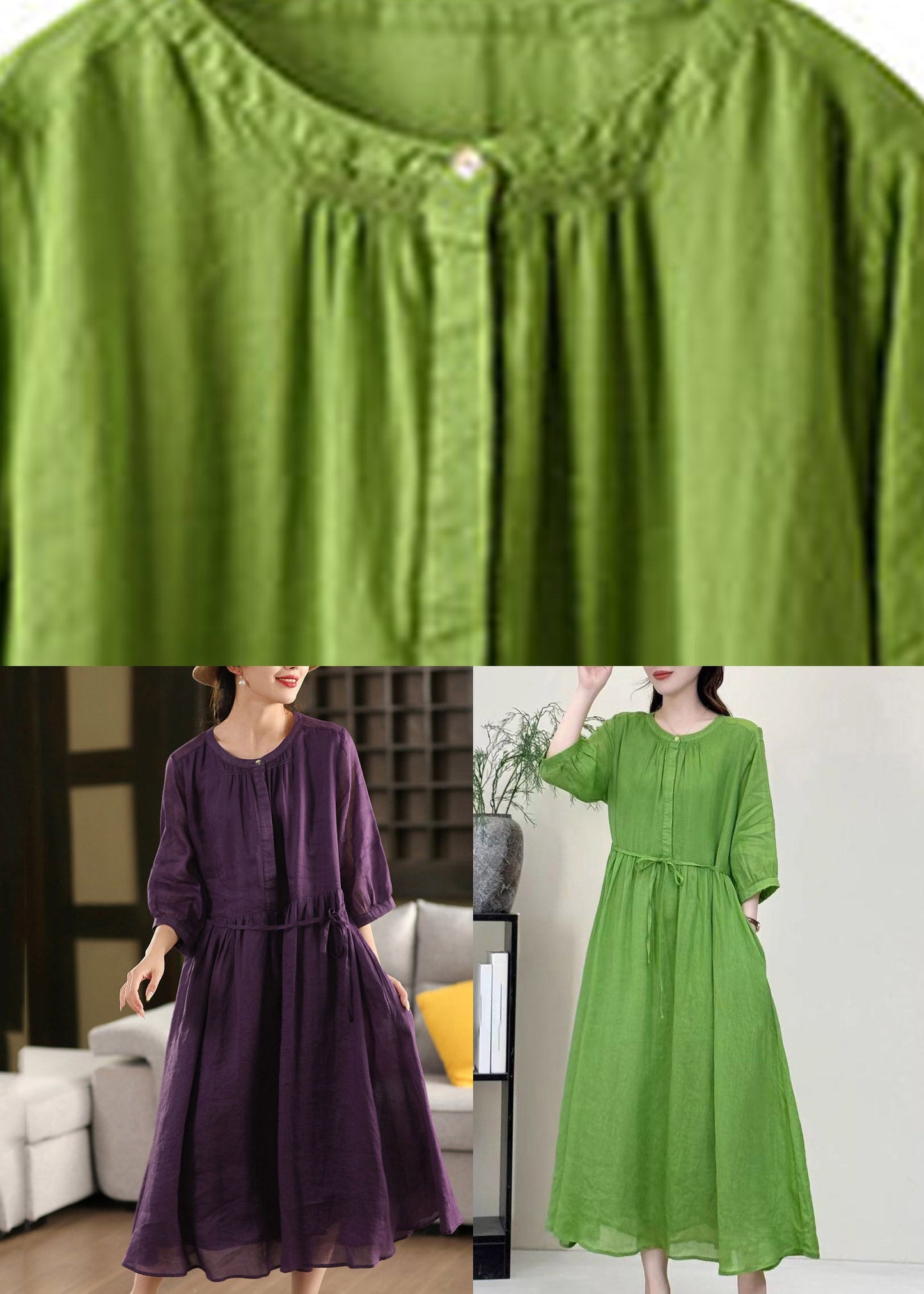 Boutique Green O-neck Patchwork Linen Long Dress Half Sleeve