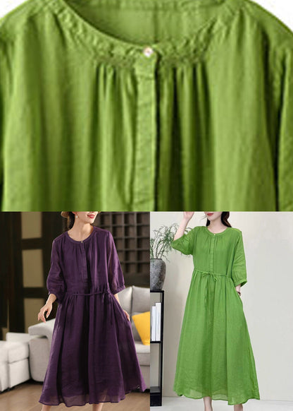 Boutique Green O-neck Patchwork Linen Long Dress Half Sleeve