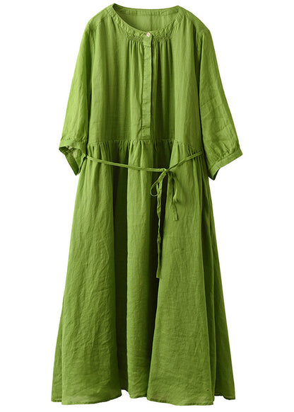 Boutique Green O-neck Patchwork Linen Long Dress Half Sleeve