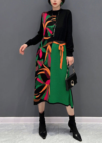 Boutique Green O-neck Print Patchwork Tie Waist Knit Long Dress Fall