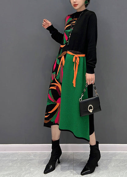 Boutique Green O-neck Print Patchwork Tie Waist Knit Long Dress Fall