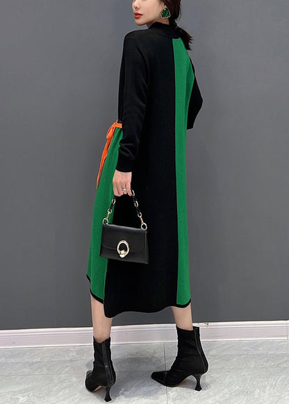 Boutique Green O-neck Print Patchwork Tie Waist Knit Long Dress Fall