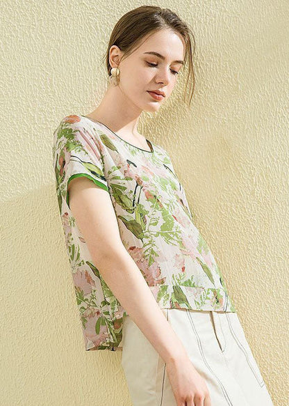 Boutique Green O-neck Print Silk Shirt Tops Summer