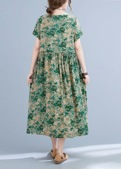 Boutique Green O-neck Tie Waist Print Wrinkled Cotton Linen Vacation Dress Short Sleeve