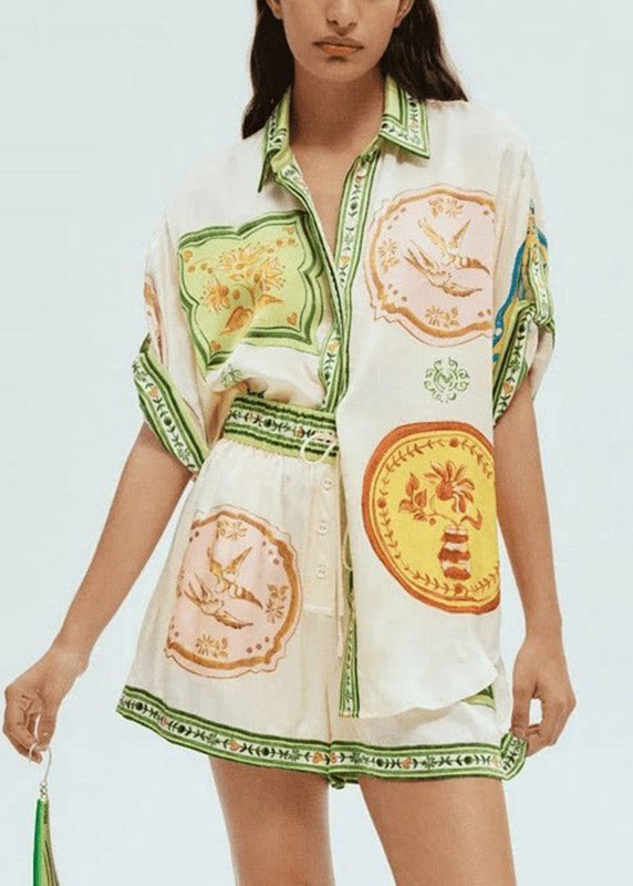 Boutique Green Peter Pan Collar Print Shirts and Shorts Two Piece Set Short Sleeve