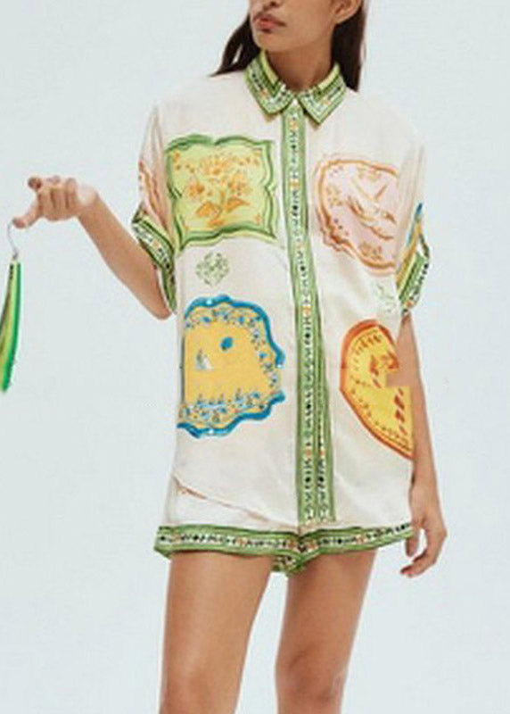 Boutique Green Peter Pan Collar Print Shirts and Shorts Two Piece Set Short Sleeve