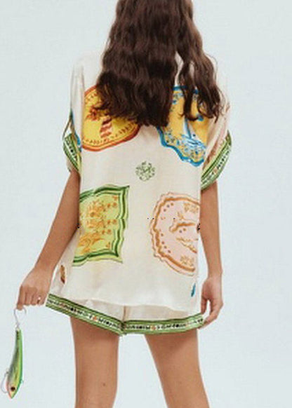 Boutique Green Peter Pan Collar Print Shirts and Shorts Two Piece Set Short Sleeve