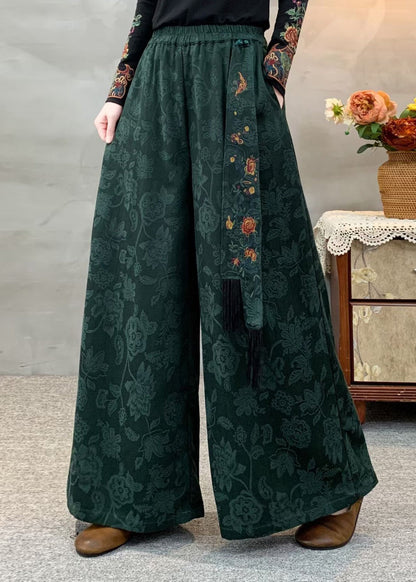 Boutique Green Pockets Jacquard Elastic Waist Cotton Pants Fall