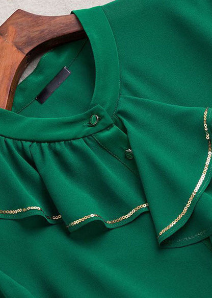 Boutique Green Ruffled Patchwork Chiffon Shirts Two Pieces Spring