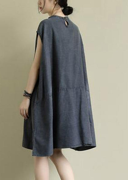 Boutique Grey Stand Collar Patchwork Mid Dress Summer