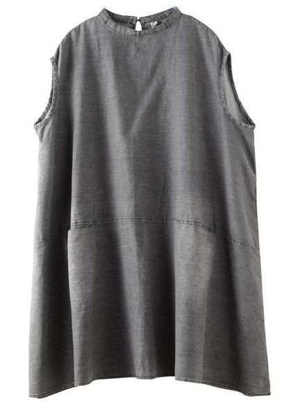 Boutique Grey Stand Collar Patchwork Mid Dress Summer