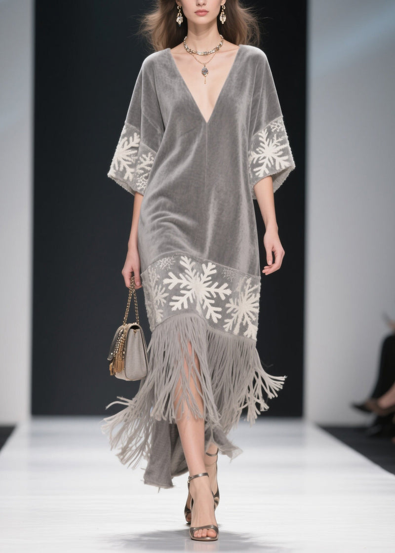 Boutique Grey V Neck Tassel Patchwork Velvet Dress Summer