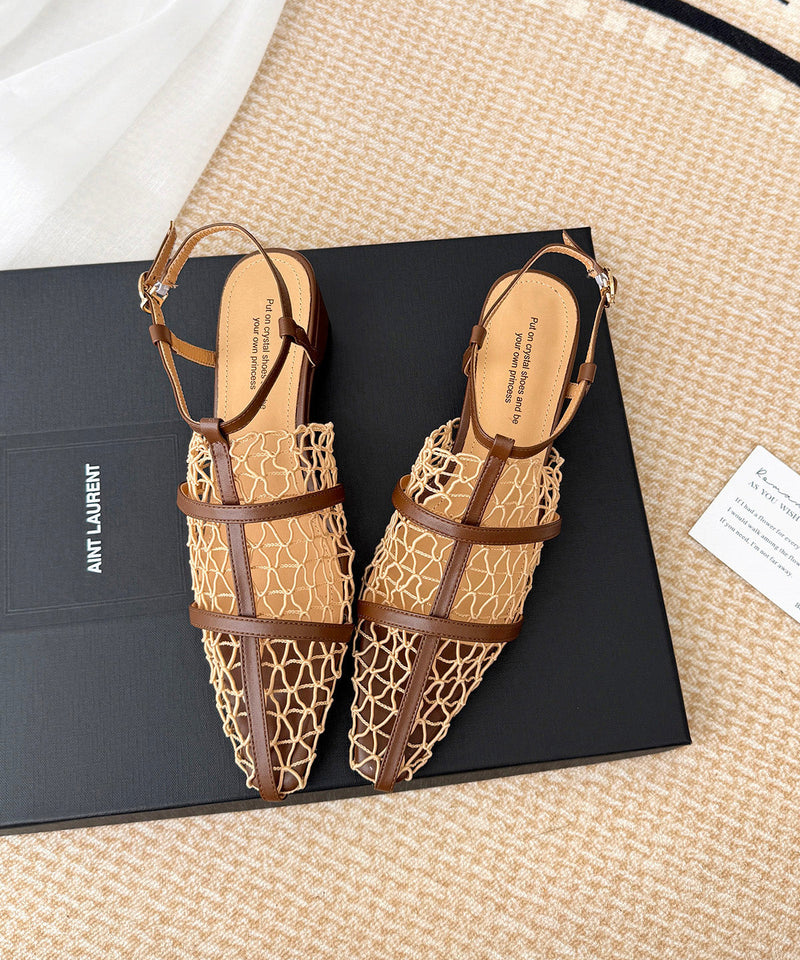 Boutique Hollow Out Splicing Chunky Sandals Brown Cowhide Leather