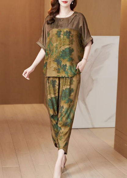 Boutique Khaki O-neck Oversized Patchwork Silk Sets 2 Pieces Summer