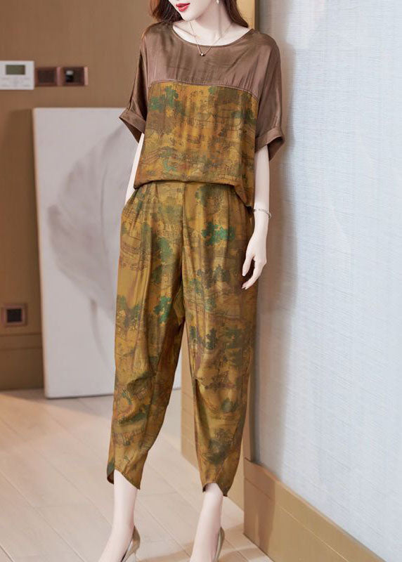 Boutique Khaki O-neck Oversized Patchwork Silk Sets 2 Pieces Summer