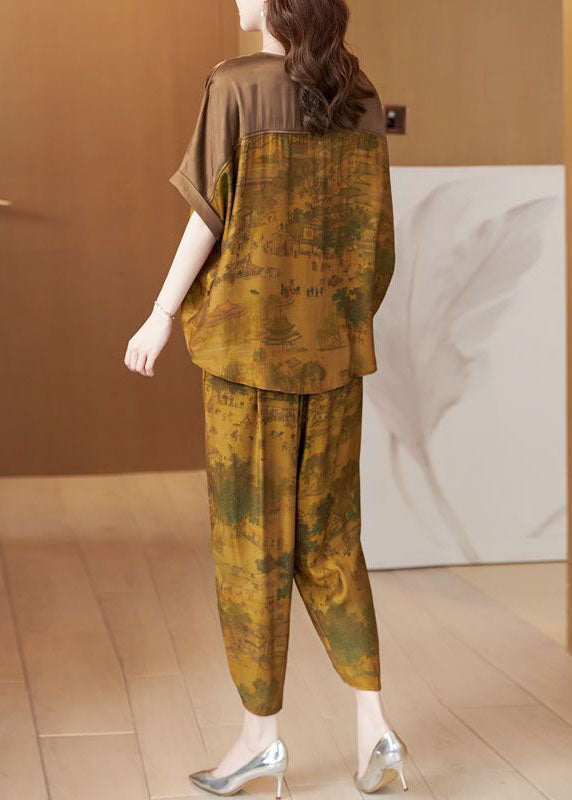 Boutique Khaki O-neck Oversized Patchwork Silk Sets 2 Pieces Summer