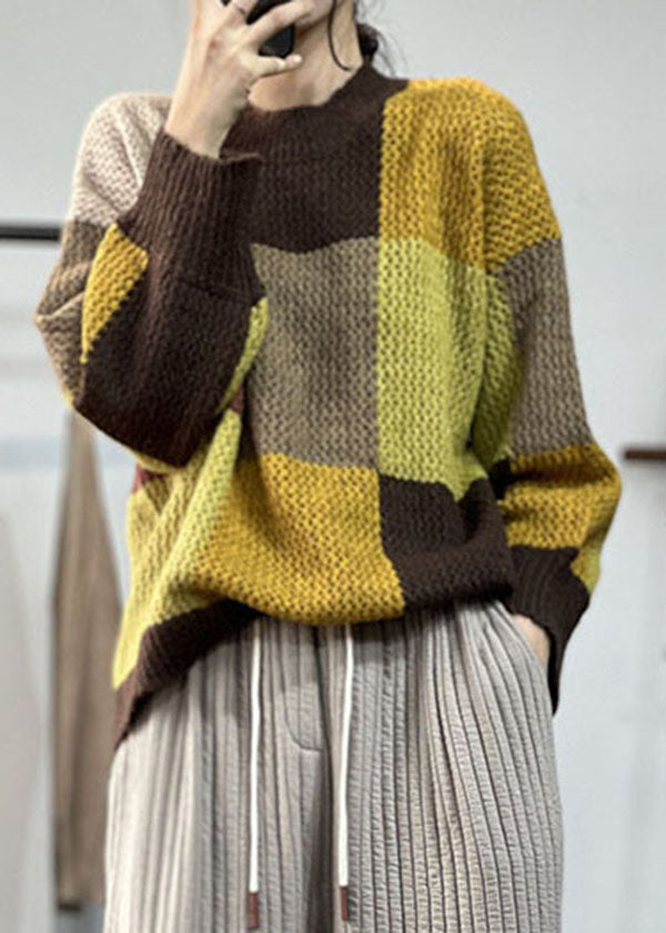 Boutique Khaki O-neck Thick Patchwork Knit Sweater Winter