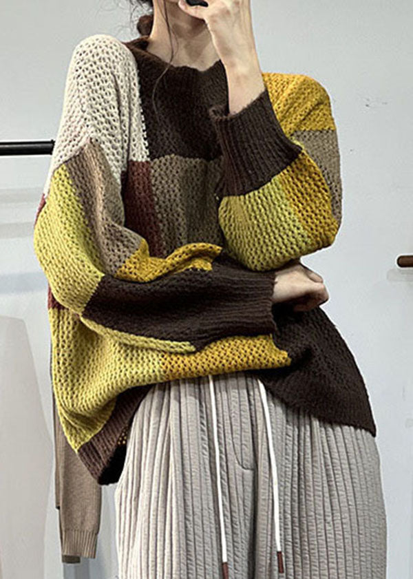 Boutique Khaki O-neck Thick Patchwork Knit Sweater Winter