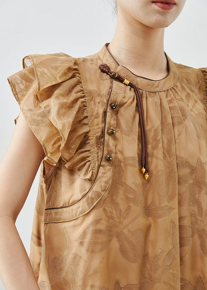 Boutique Khaki Tasseled Print Silk Day Dress Butterfly Sleeve
