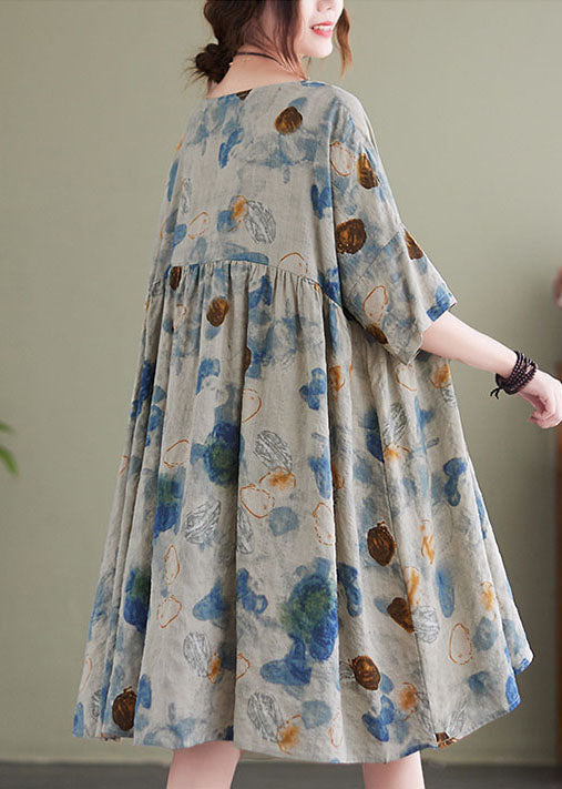 Boutique Lake Blue O-neck Wrinkled Print Linen Maxi Dresses Short Sleeve