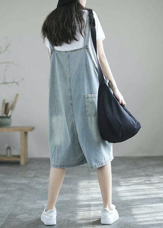 Boutique Light Blue Pockets Denim Half Jumpsuits Summer