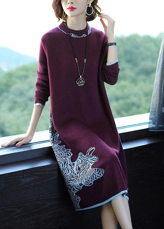 Boutique Mulberry O-neck Jacquard Knit Sweater Dress Winter