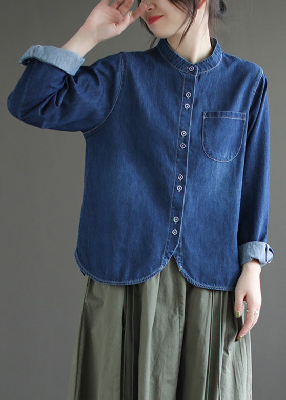 Boutique Navy O-neck Asymmetrical Patchwork Button Denim Shirt Spring