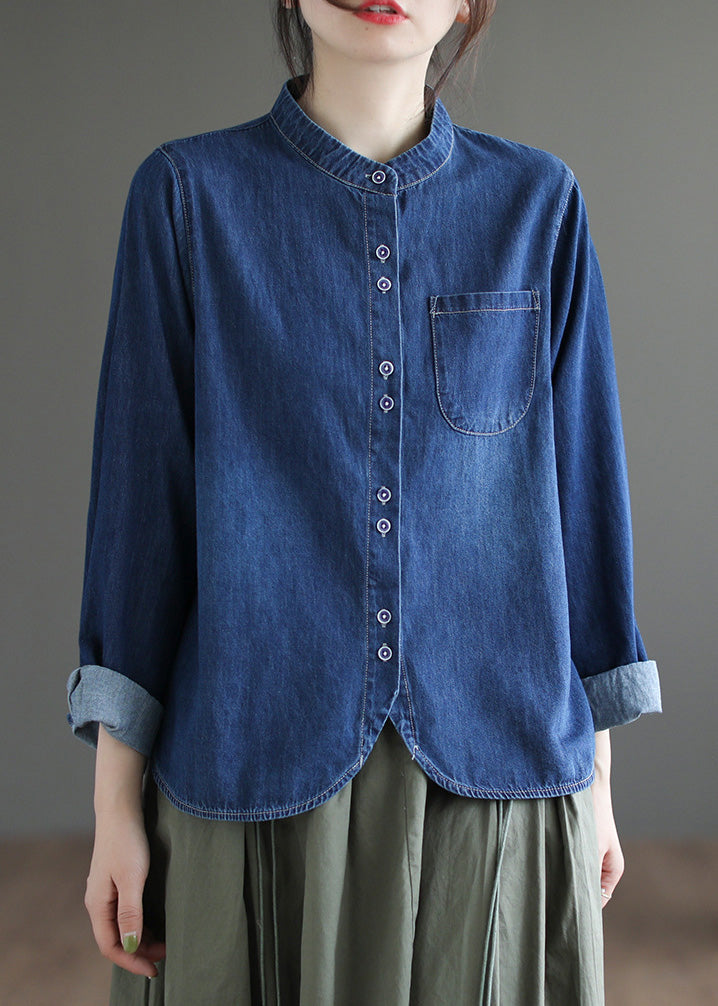 Boutique Navy O-neck Asymmetrical Patchwork Button Denim Shirt Spring