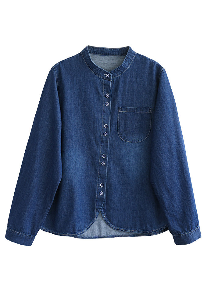 Boutique Navy O-neck Asymmetrical Patchwork Button Denim Shirt Spring