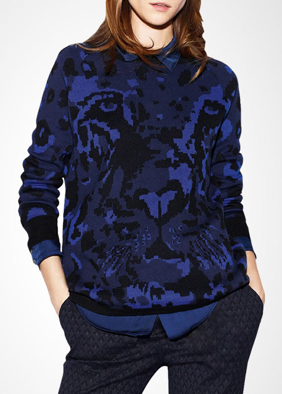 Boutique Navy O-neck Patchwork Print Wool Knit Shirts Winter
