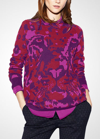 Boutique Navy O-neck Patchwork Print Wool Knit Shirts Winter