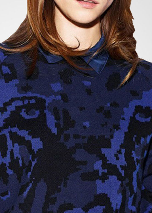 Boutique Navy O-neck Patchwork Print Wool Knit Shirts Winter