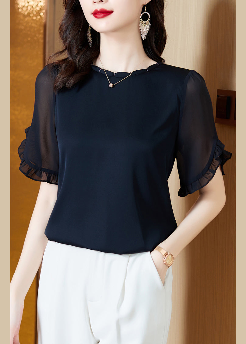 Boutique Navy O-neck Ruffled Chiffon Shirt Summer