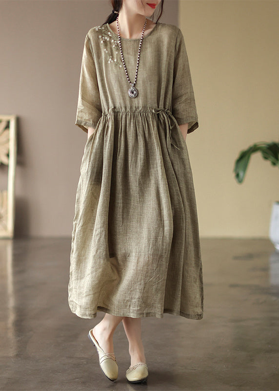 Boutique Orange O-neck Cinched Patchwork Linen Long Dress Summer