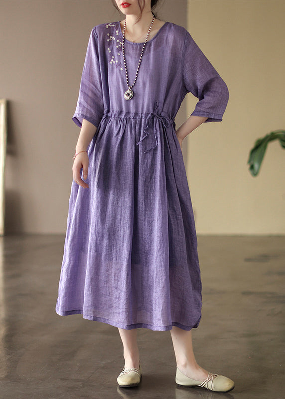 Boutique Orange O-neck Cinched Patchwork Linen Long Dress Summer