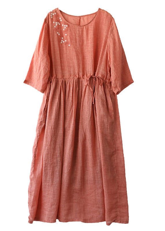 Boutique Orange O-neck Cinched Patchwork Linen Long Dress Summer