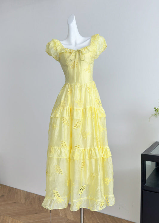 Boutique Orange O-neck Tie Lace Hollow Out Silk Long Dress Summer