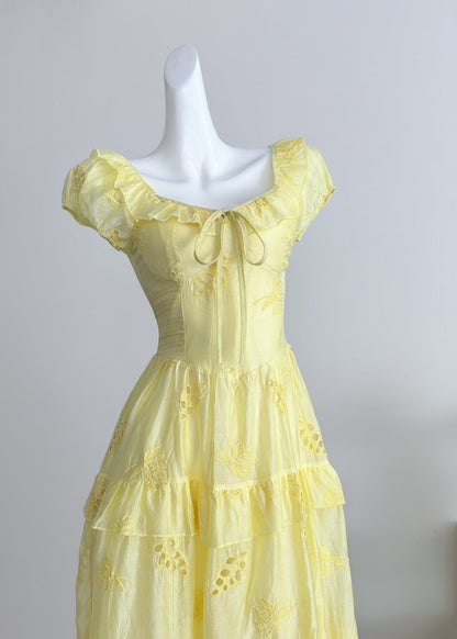 Boutique Orange O-neck Tie Lace Hollow Out Silk Long Dress Summer
