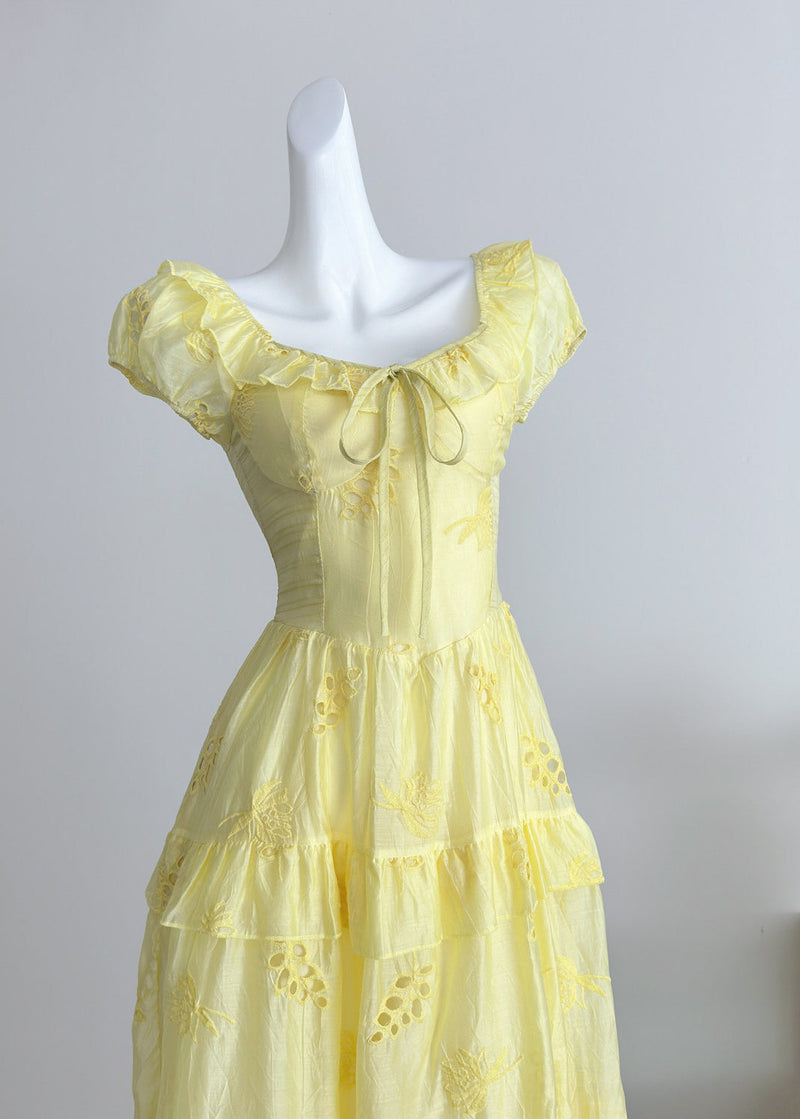 Boutique Orange O-neck Tie Lace Hollow Out Silk Long Dress Summer