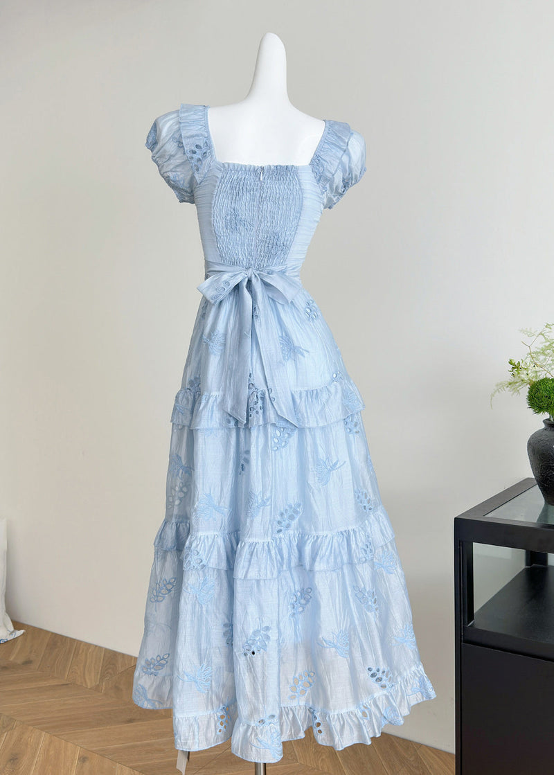 Boutique Orange O-neck Tie Lace Hollow Out Silk Long Dress Summer
