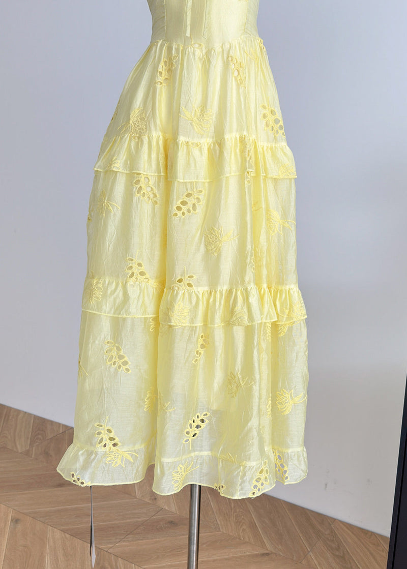 Boutique Orange O-neck Tie Lace Hollow Out Silk Long Dress Summer