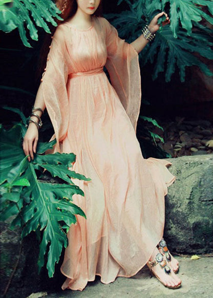 Boutique Orange Pink O-neck Tie Waist Exra Large Hem Silk Robe Dresses Batwing Sleeve