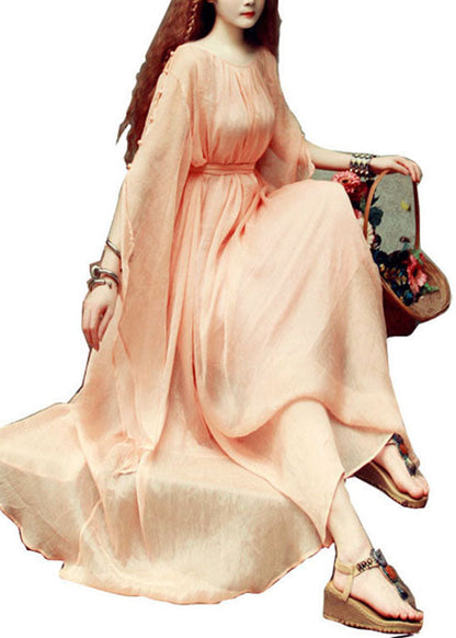 Boutique Orange Pink O-neck Tie Waist Exra Large Hem Silk Robe Dresses Batwing Sleeve
