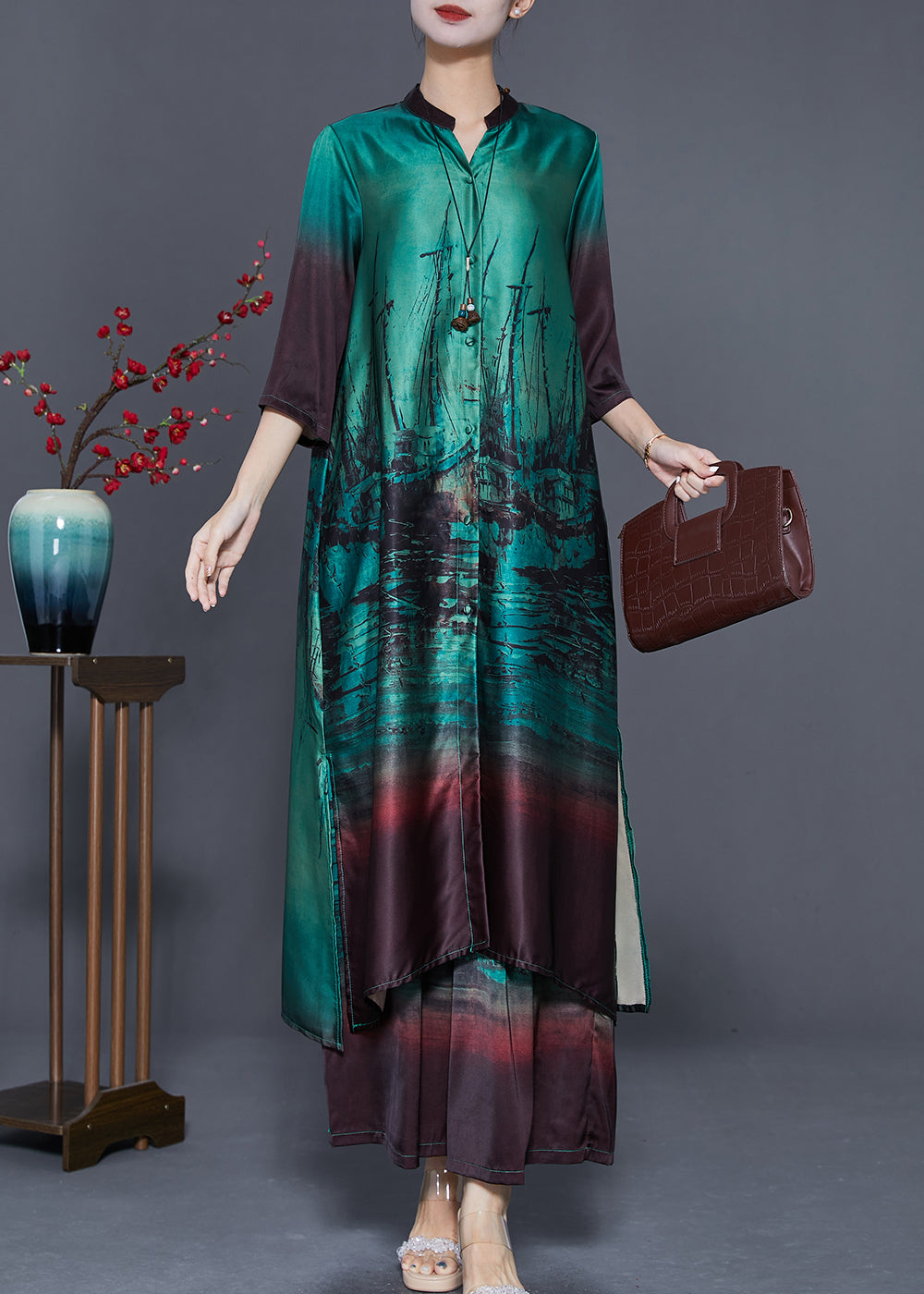 Boutique Peacock Green Print Side Open Silk Sets 2 Pieces Summer
