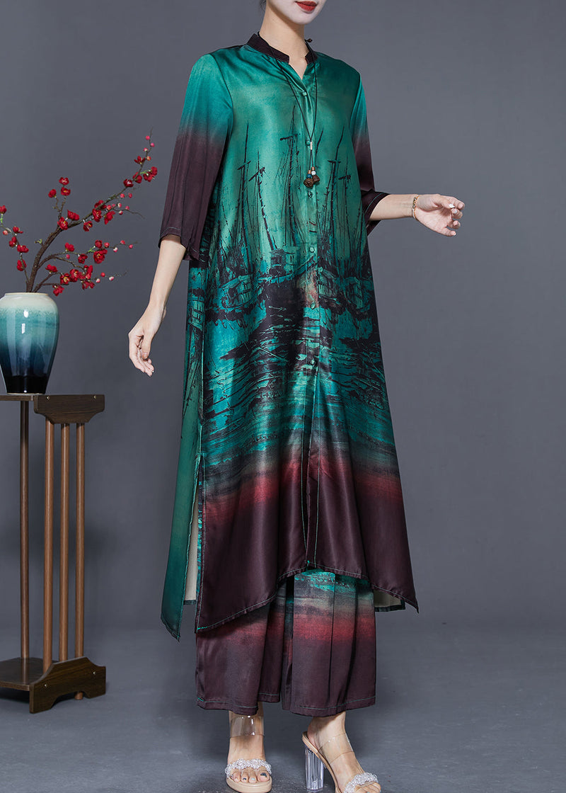 Boutique Peacock Green Print Side Open Silk Sets 2 Pieces Summer