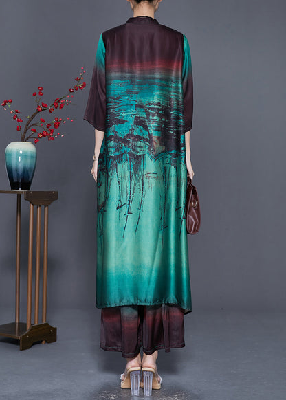 Boutique Peacock Green Print Side Open Silk Sets 2 Pieces Summer
