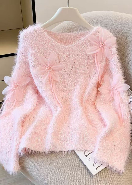 Boutique Pink Faux Mink Hair Knitted Cozy Sweater Winter