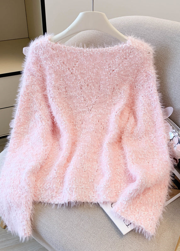Boutique Pink Faux Mink Hair Knitted Cozy Sweater Winter